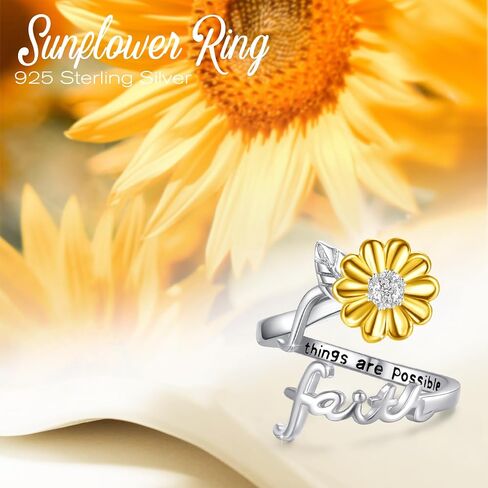 Cuoka Silver Sunflower Faith Anxiety Ring, Adjustable You Are My Sunshine Open Faith Religious Ring Christian Inspiring Incentive Jewerly Gifts for Women in Kuwait