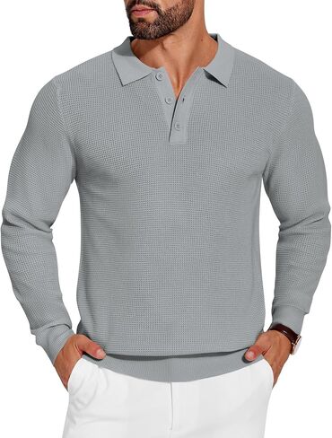COOFANDY Mens Knit Polo Shirts Long Sleeve Sweater Casual Waffle Textured Collared Polo Sweater in Saudi Arabia