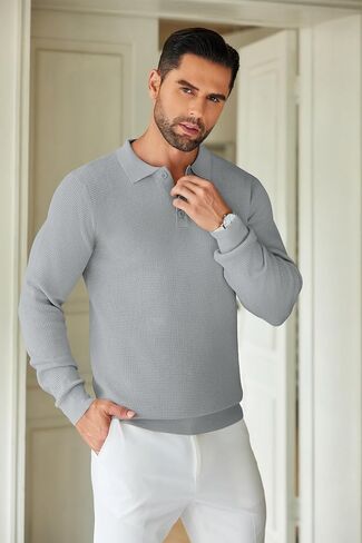 COOFANDY Mens Knit Polo Shirts Long Sleeve Sweater Casual Waffle Textured Collared Polo Sweater in Saudi Arabia