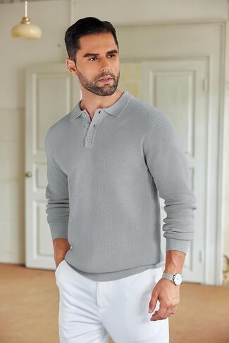 COOFANDY Mens Knit Polo Shirts Long Sleeve Sweater Casual Waffle Textured Collared Polo Sweater in Saudi Arabia