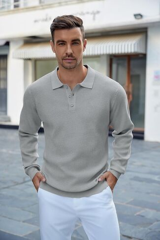 COOFANDY Mens Knit Polo Shirts Long Sleeve Sweater Casual Waffle Textured Collared Polo Sweater in Saudi Arabia