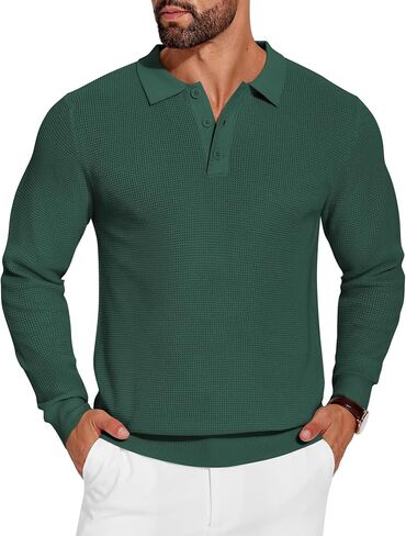 COOFANDY Mens Knit Polo Shirts Long Sleeve Sweater Casual Waffle Textured Collared Polo Sweater in Saudi Arabia