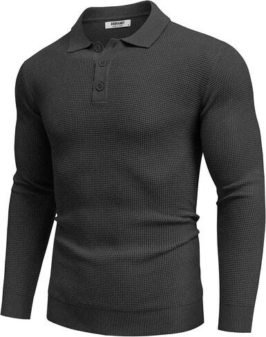 قمصان بولو منسوجة للرجال من COOFANDY، سترة بأكمام طويلة، سترة بولو بياقة وافل كاجوال in Saudi Arabia