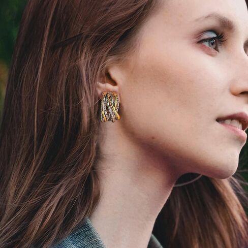 Two Tone Huggie Hoop Earrings Cross Over Design Twisted Rope Silver Gold Statement Wide Band Clip On Hoops for Women Fashion Jewelry Gift in Kuwait