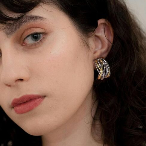 Two Tone Huggie Hoop Earrings Cross Over Design Twisted Rope Silver Gold Statement Wide Band Clip On Hoops for Women Fashion Jewelry Gift in Kuwait