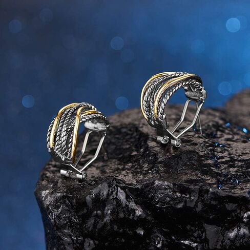 Two Tone Huggie Hoop Earrings Cross Over Design Twisted Rope Silver Gold Statement Wide Band Clip On Hoops for Women Fashion Jewelry Gift in Kuwait