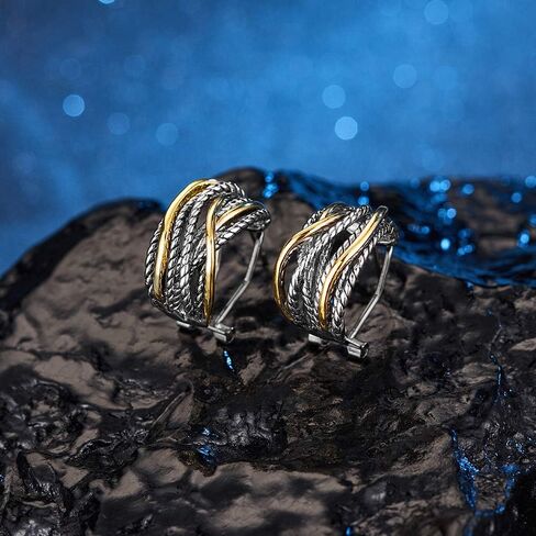 Two Tone Huggie Hoop Earrings Cross Over Design Twisted Rope Silver Gold Statement Wide Band Clip On Hoops for Women Fashion Jewelry Gift in Kuwait