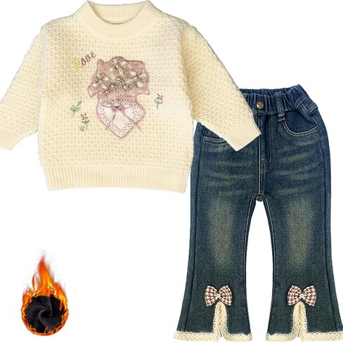 Peacolate 18M-10Y Spring Fall Winter Clothing Set Little&Big Girl Knit Turtleneck Pullover Sweater and Embroider Jeans in Kuwait