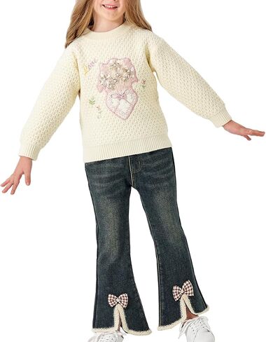 Peacolate 18M-10Y Spring Fall Winter Clothing Set Little&Big Girl Knit Turtleneck Pullover Sweater and Embroider Jeans in Kuwait