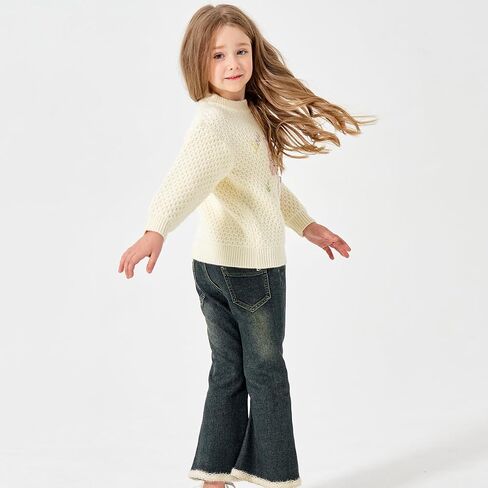 Peacolate 18M-10Y Spring Fall Winter Clothing Set Little&Big Girl Knit Turtleneck Pullover Sweater and Embroider Jeans in Kuwait