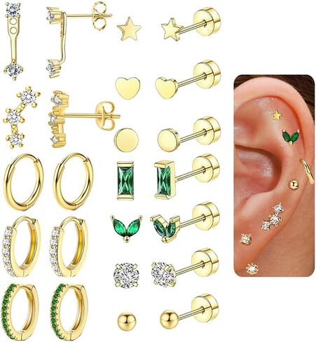 12Pairs Dainty 16K Gold Flat Back Earrings Hypoallergenic Cartilage Earring Sets for Multiple Piercing 20G Surgical Stainless Steel Earrings Stacks Small Hoop Flatback Stud Earrings in Kuwait