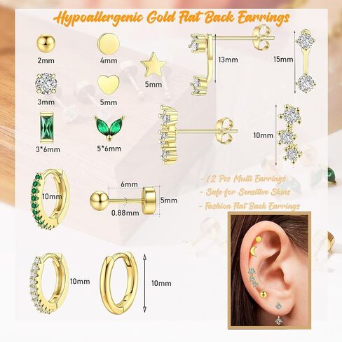 12Pairs Dainty 16K Gold Flat Back Earrings Hypoallergenic Cartilage Earring Sets for Multiple Piercing 20G Surgical Stainless Steel Earrings Stacks Small Hoop Flatback Stud Earrings in Kuwait