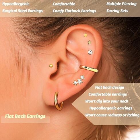 12Pairs Dainty 16K Gold Flat Back Earrings Hypoallergenic Cartilage Earring Sets for Multiple Piercing 20G Surgical Stainless Steel Earrings Stacks Small Hoop Flatback Stud Earrings in Kuwait