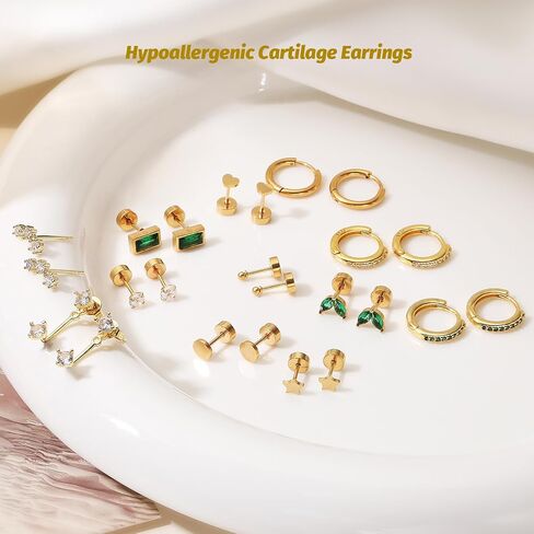 12Pairs Dainty 16K Gold Flat Back Earrings Hypoallergenic Cartilage Earring Sets for Multiple Piercing 20G Surgical Stainless Steel Earrings Stacks Small Hoop Flatback Stud Earrings in Kuwait