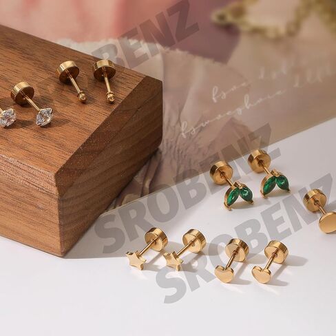 12Pairs Dainty 16K Gold Flat Back Earrings Hypoallergenic Cartilage Earring Sets for Multiple Piercing 20G Surgical Stainless Steel Earrings Stacks Small Hoop Flatback Stud Earrings in Kuwait