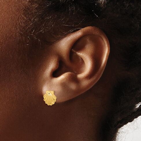 Solid 14k Yellow Gold Diamond-cut Seashell Post Studs Brushed Matte Finish Earrings 9mm in Saudi Arabia