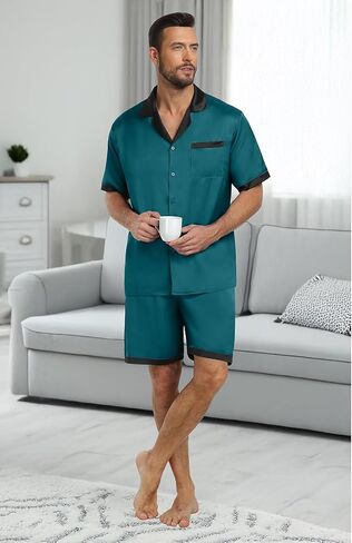 PrinStory Men Satin Silk Pajamas Sets Sleepwear Shorts for Men Casual Loungewear 2 Piece Button Down Fashion 2024 in Kuwait