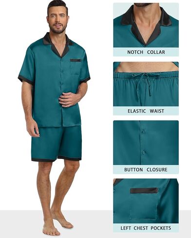 PrinStory Men Satin Silk Pajamas Sets Sleepwear Shorts for Men Casual Loungewear 2 Piece Button Down Fashion 2024 in Kuwait