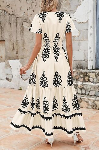 PRETTYGARDEN Womens Summer Casual V Neck Boho Maxi Dress Flowy Aline Bell Sleeve Tiered Floral Dresses with Pocket in Saudi Arabia