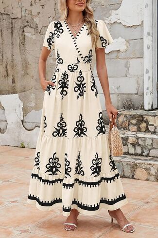 PRETTYGARDEN Womens Summer Casual V Neck Boho Maxi Dress Flowy Aline Bell Sleeve Tiered Floral Dresses with Pocket in Saudi Arabia