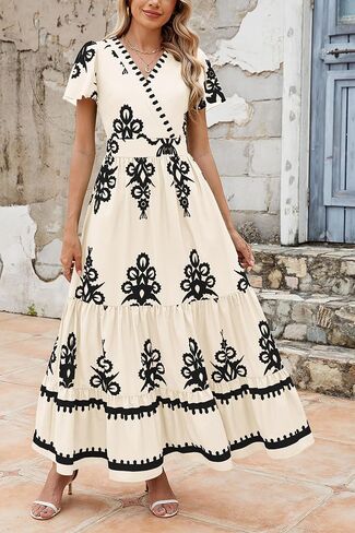 PRETTYGARDEN Womens Summer Casual V Neck Boho Maxi Dress Flowy Aline Bell Sleeve Tiered Floral Dresses with Pocket in Saudi Arabia