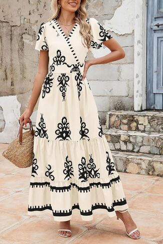 PRETTYGARDEN Womens Summer Casual V Neck Boho Maxi Dress Flowy Aline Bell Sleeve Tiered Floral Dresses with Pocket in Saudi Arabia