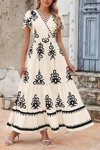 PRETTYGARDEN Womens Summer Casual V Neck Boho Maxi Dress Flowy Aline Bell Sleeve Tiered Floral Dresses with Pocket in Saudi Arabia
