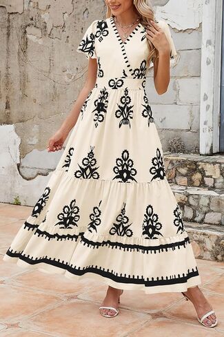 PRETTYGARDEN Womens Summer Casual V Neck Boho Maxi Dress Flowy Aline Bell Sleeve Tiered Floral Dresses with Pocket in Saudi Arabia