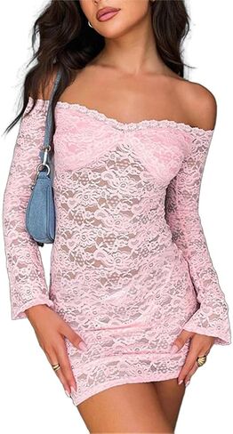 Women Sexy See Through Floral Lace Bodycon Mini Dress Y2k Skinny Long Sleeve Off Shoulder Mesh Lace Short Dress in Saudi Arabia