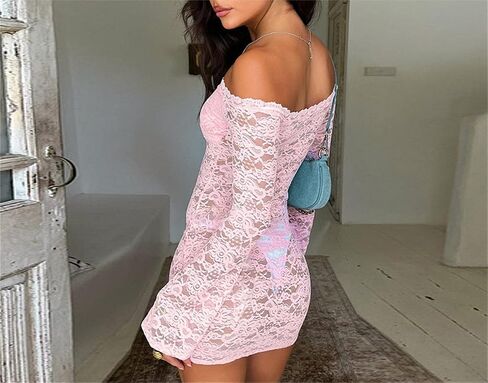 Women Sexy See Through Floral Lace Bodycon Mini Dress Y2k Skinny Long Sleeve Off Shoulder Mesh Lace Short Dress in Saudi Arabia
