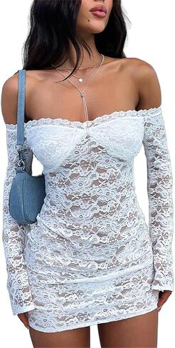 Women Sexy See Through Floral Lace Bodycon Mini Dress Y2k Skinny Long Sleeve Off Shoulder Mesh Lace Short Dress in Kuwait