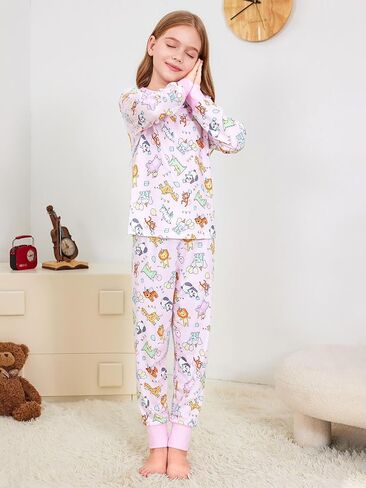 rrhss Girls 2 Piece Pajamas Cute Animal Print Long Sleeve Tops and Pants Set Comfy Sleepwear 5-14Y in Saudi Arabia