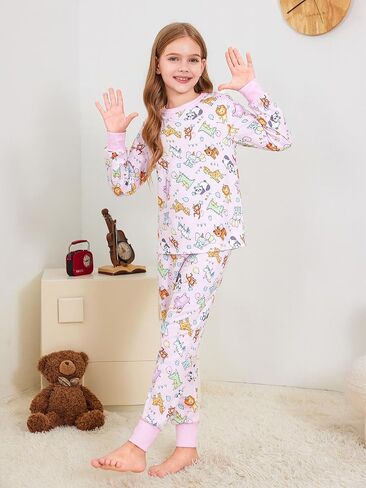 rrhss Girls 2 Piece Pajamas Cute Animal Print Long Sleeve Tops and Pants Set Comfy Sleepwear 5-14Y in Saudi Arabia
