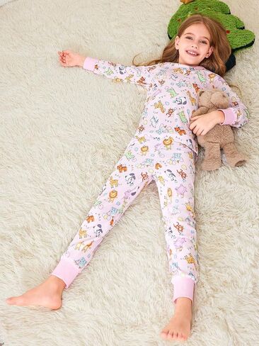 rrhss Girls 2 Piece Pajamas Cute Animal Print Long Sleeve Tops and Pants Set Comfy Sleepwear 5-14Y in Saudi Arabia