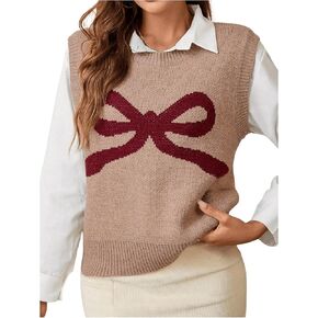 MakeMeChic Women's Bow Knot Pattern Crew Neck Sweater Vest Loose Fit Sleeveless Knitted Tank Top