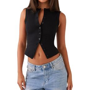 Women Sleeveless Cardigan Vest Crewneck Open Front Button Down Crop Tank Tops Casual Y2k Slim Fit Top Shirt