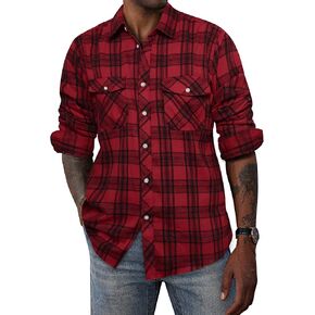 PJ PAUL JONES Mens Flannel Plaid Shirt Casual Long Sleeve Button Down Shirts with Pockets