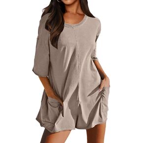 Rompers for Women Casual Oversized Tee Romper Back V Neck Half Sleeve Athletic Workout jumpsuits With Pockets