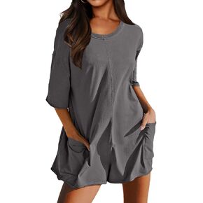 Rompers for Women Casual Oversized Tee Romper Back V Neck Half Sleeve Athletic Workout jumpsuits With Pockets
