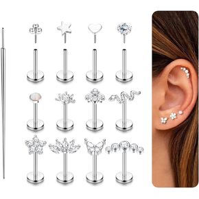 ORAZIO Push in Stud Earrings,20G Flat Back Earrings,Hypoallergenic Threadless Stud Multi-Pack,14K Gold Plated 316L Surgical Steel Earring Sets,Push-in Cartilage Helix Tragus Nose Piercing Jewelry for Women