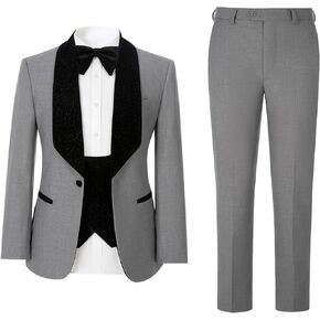 Men's Slim Fit Tuxedo, Shiny Velvet Shawl Collar 3 Piece Suit, Party Jacket Vest Pants & Bow Tie Set