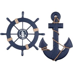 MDLUU Wooden Ship Wheel, Ship Rudder Decor, Helm Wheel Wall Hanging Ornament (11"(Navy Blue))