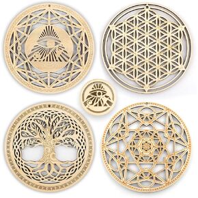 5.31" Sacred Geometry Wall Art 4 PCS Set, (The Eye of Horus, The Flower of Life, The Tree of Life, Metatron's Cube) Crystal Grid Meditation Chakra Wooden Wall Art Yoga Decor Spiritual Gifts