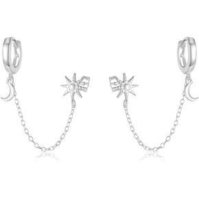 Star Stud Moon Charm S925 Sterling Silver Double Piercing Cuff Wrap Earrings Cartilage Huggie Hoop With Chain for Women Teen 2 Holes Crawler Climber Fashion Trendy Jewelry Gifts for Daughter Her Christmas