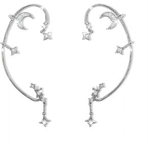 Moon Star Ear Cuff Earrings for Women Rhinestone Non Pierced Ear Crawler Clips Ear Cuffs for Women Non Piercing Ear Clip on Cuff Wrap Climber Crawler Earrings (Moon ear cuff)