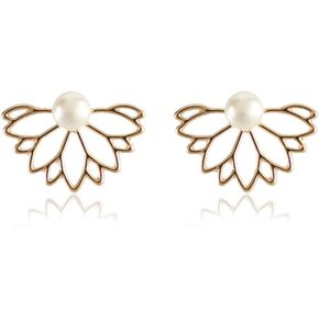 Jumwrit Lotus Flower Ear Jacket Earrings Hollow Lotus Earrings Pearl and Rhinestone Stud Earrings Front Back Ear Cuffs Stud Earrings Chic Earrings Set（Gold）
