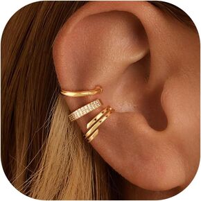Ear Cuff Earring for Women, Trendy Gold Earring Cuffs Non Piercing Dainty Chunky Thin 14K Gold Plated Cartilage Cuff Earrings Cubic Zirconia Clip On Hoop Huggie Earring Simple Jewelry for Women