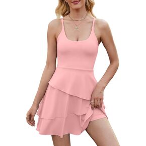Wenlia 2025 Women's Adjustable Strappy Workout Tennis Dress Built in Pad Bra Shorts with Pockets Layered Athletic Dress
