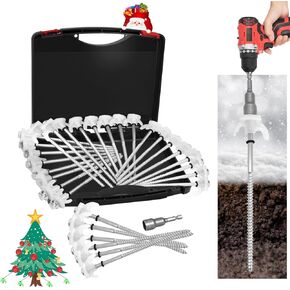 30 pc 8-inch Heavy Duty Metal Tent Nails - Metal Anchor Screws - Ground Anchors Screw in - Glow in The Dark Tent Stakes - Hex Pegs Drillable Tent Stakes and Hexagon Head Drive and Storage Box (White)