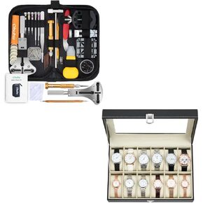 Watch Repair Kit, Ohuhu 192 PCS UPGRADED Heavy Duty Watch Link Removal Battery Replacement Band Tool Kit+Ohuhu Watch Case, 12 Slot PU Leather Real Glass Lid